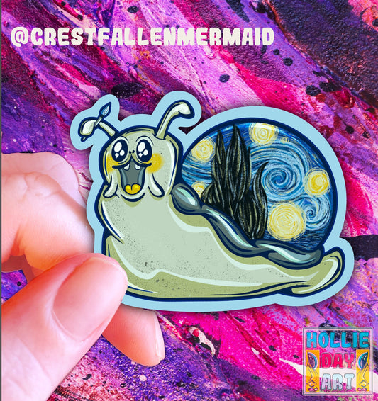 Handmade Starry Night Snail Sticker: Holographic Van Gogh Art