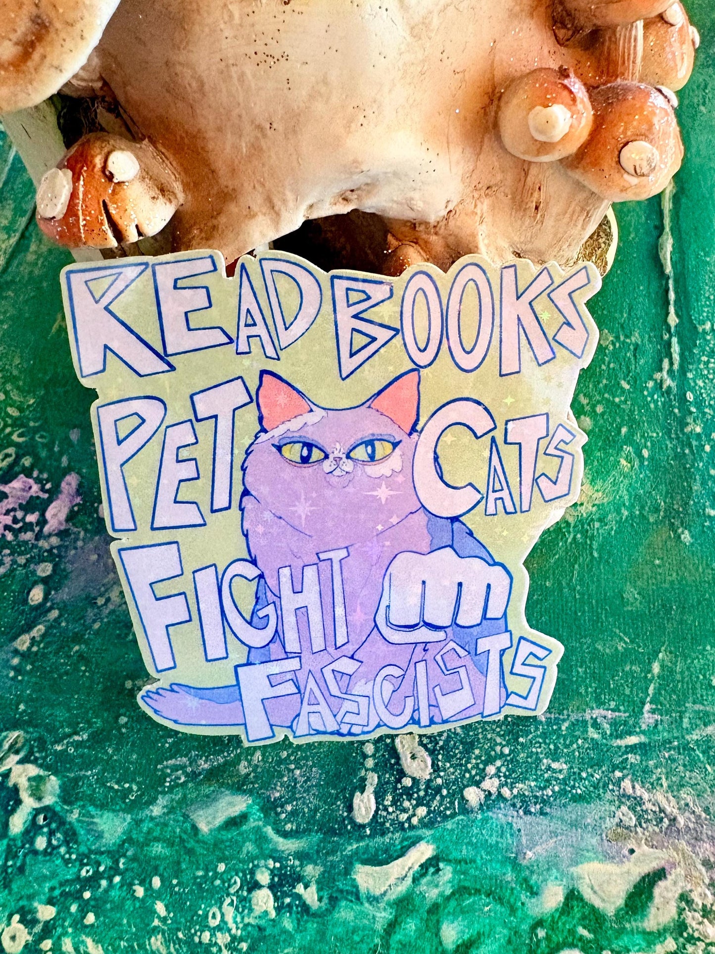 Handmade Sparkly Lavender Cat Sticker: Read Books, Pet Cats, Fight Fascists