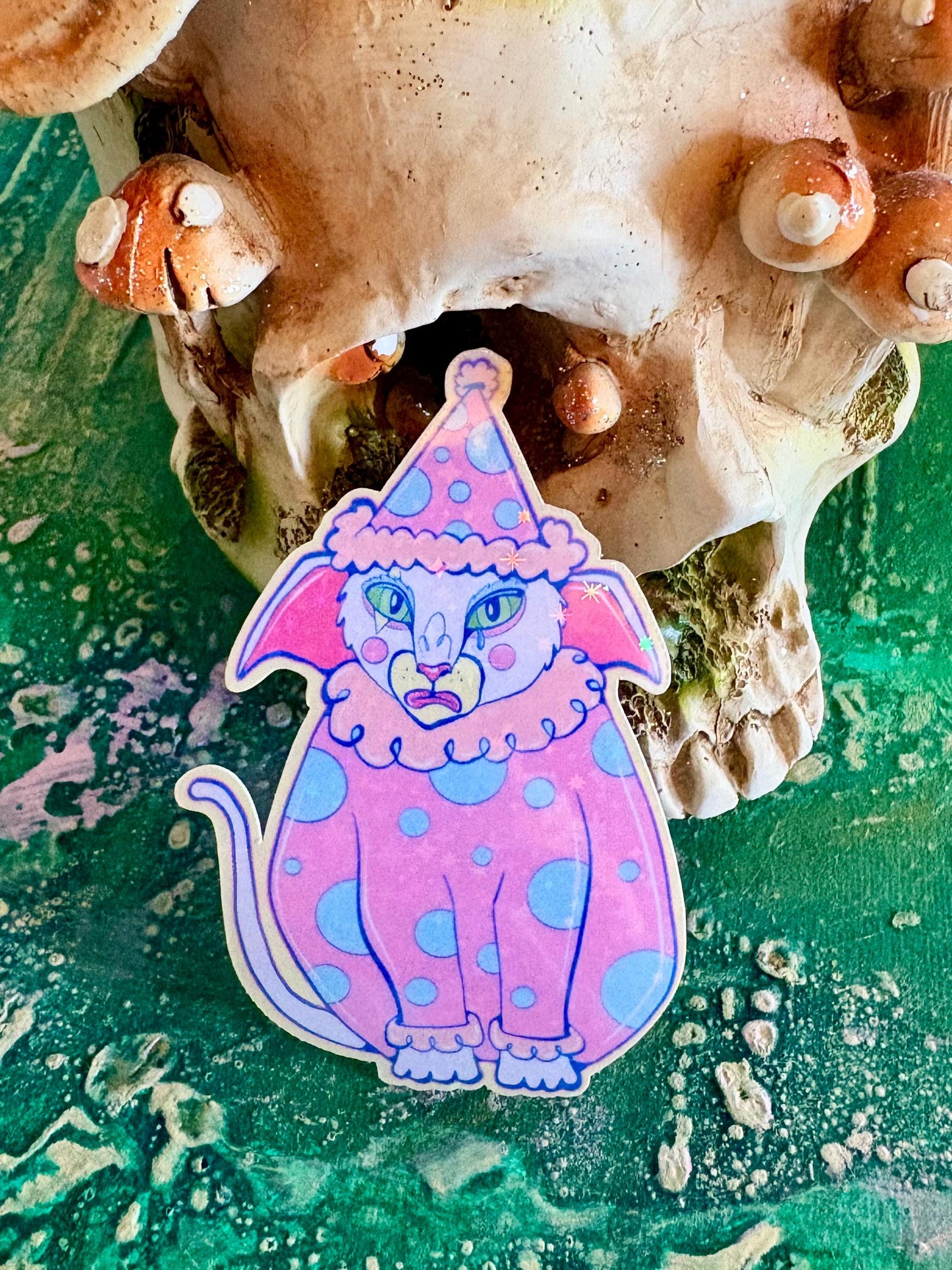 Hand Drawn Cat Clown Sticker – Whimsical Animal Art by Hollie Day