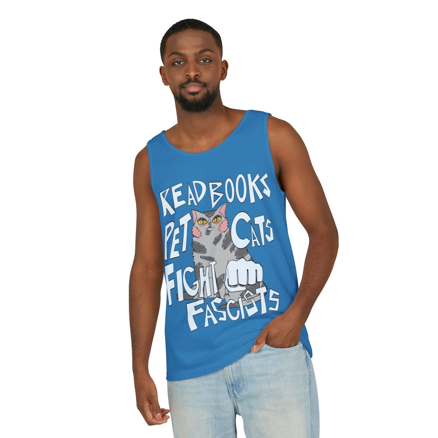 Read Books Pet Cats Fight Fascists Cat Art 2 -Unisex Garment-Dyed Tank Top