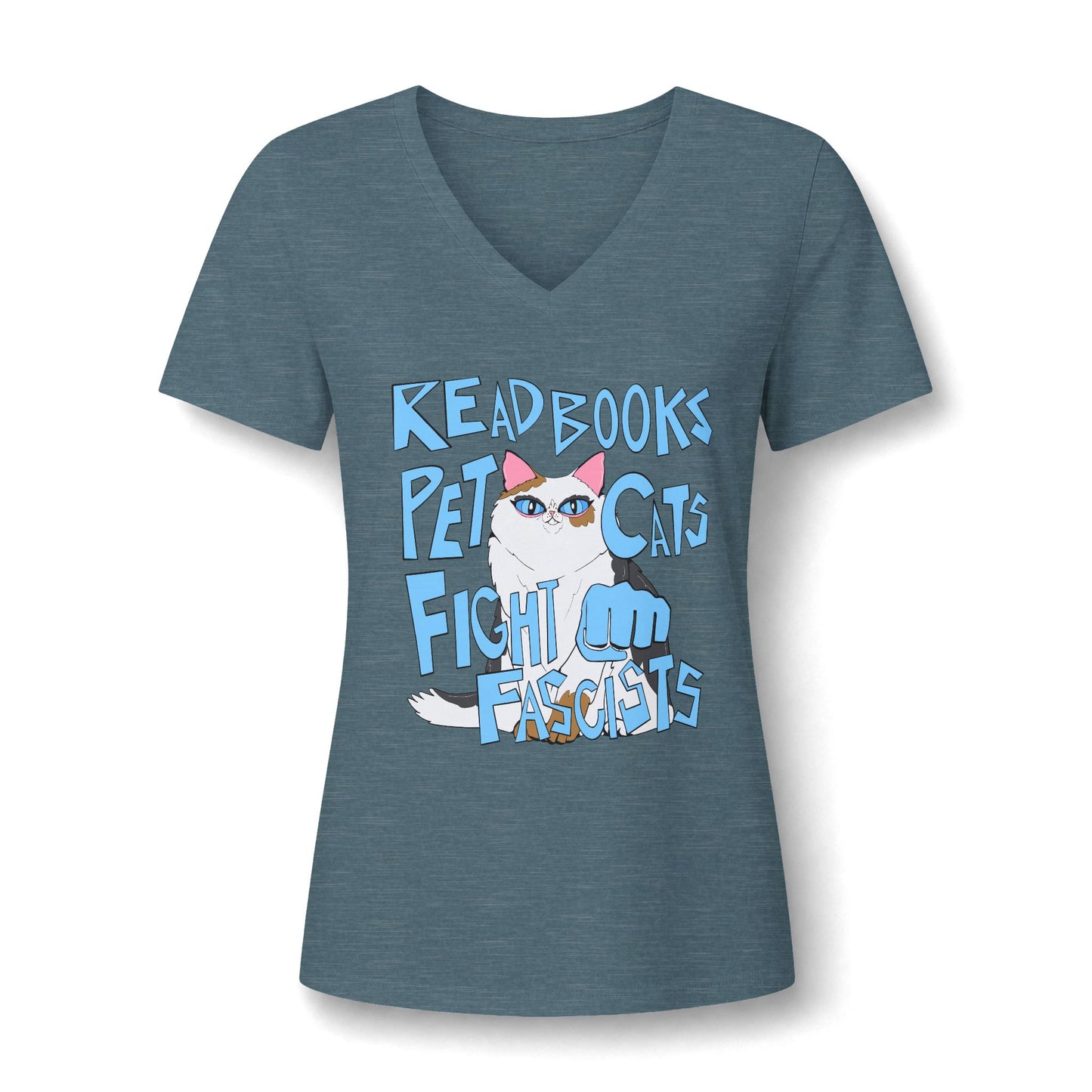 Read Books Pet Cats Fight Fascists Cat - Women's Relaxed Heather V-Neck Tee