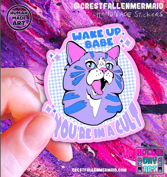 Hand Drawn Sketchy Purple Cat  Sticker - Handmade Wake Up You’re in a Cult Cat Sticker: Animal Art - Human Art - liberal sticker