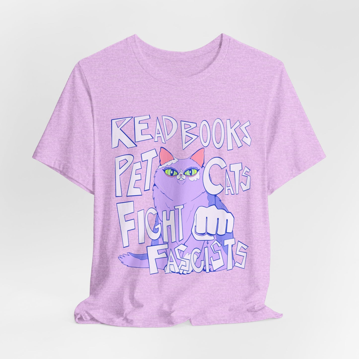 Read Books Pet Cats Fight Fascists Purple Cat Tee Unisex Jersey Short Sleeve Tee