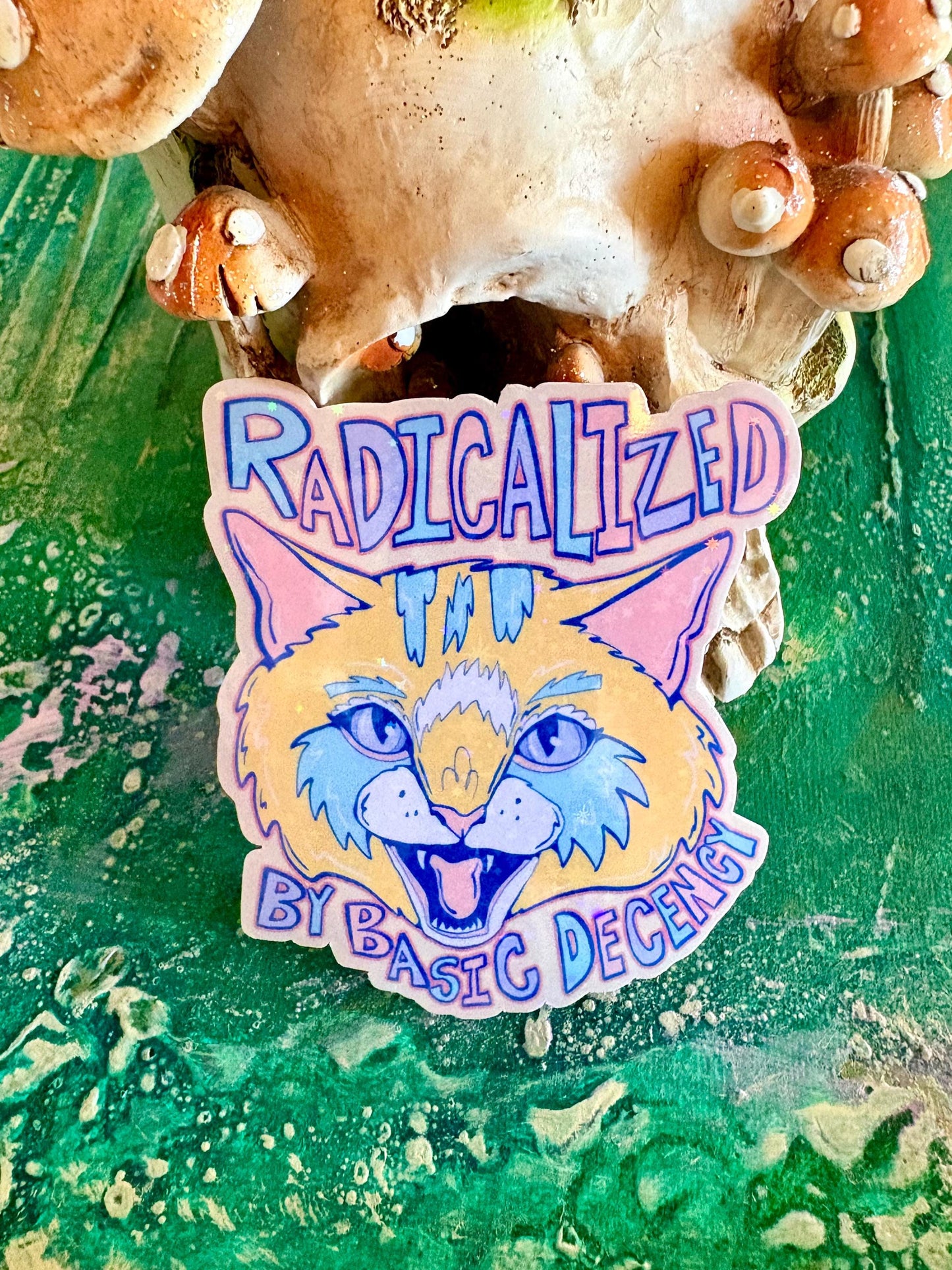Hand Drawn Sparkly Cat  Sticker - Handmade Radicalized By Basic Human Decency Cat Sticker: Animal Art | Hollie Day Artist