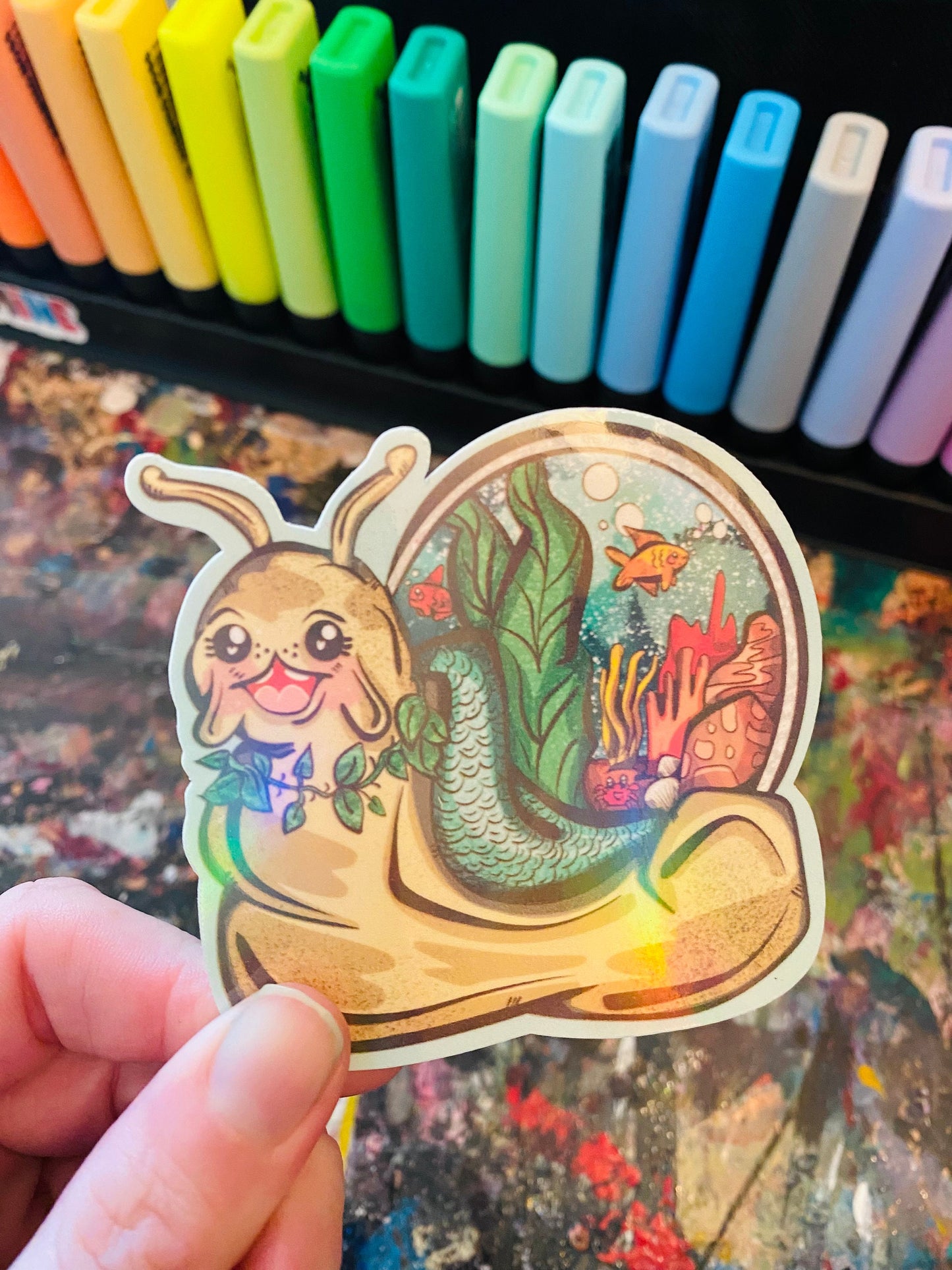 Handmade Whimsical Mermaid Snail Sticker: Hand-Drawn Holographic Snail Stickers