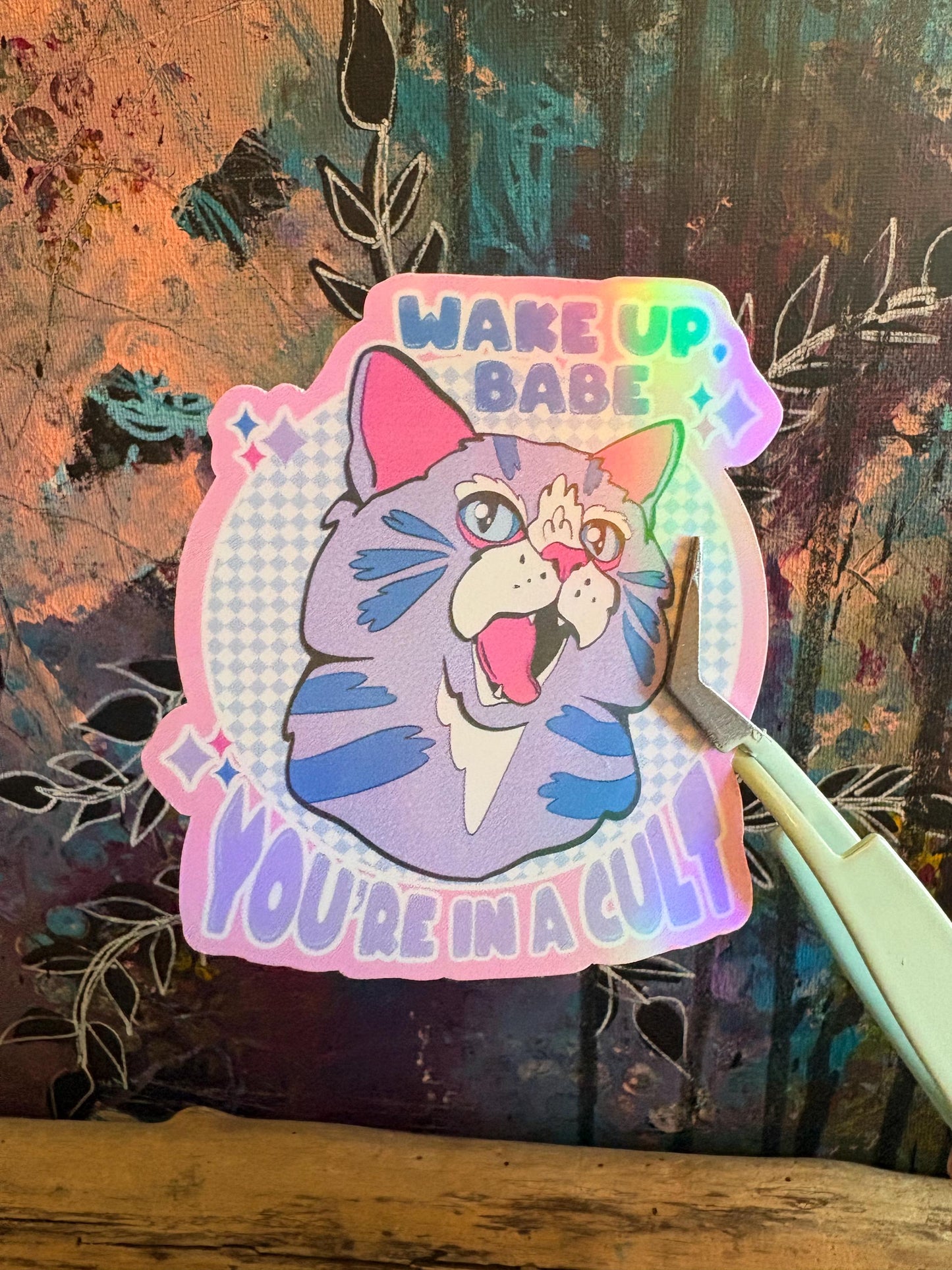 Hand Drawn Sketchy Purple Cat  Sticker - Handmade Wake Up You’re in a Cult Cat Sticker: Animal Art - Human Art - liberal sticker