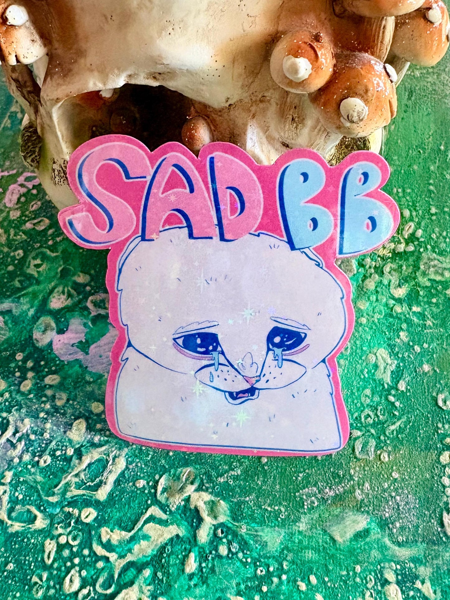 Handmade Sparkly Whimsical Sad Cat Meme Sticker: Hand Drawn Cat Decal
