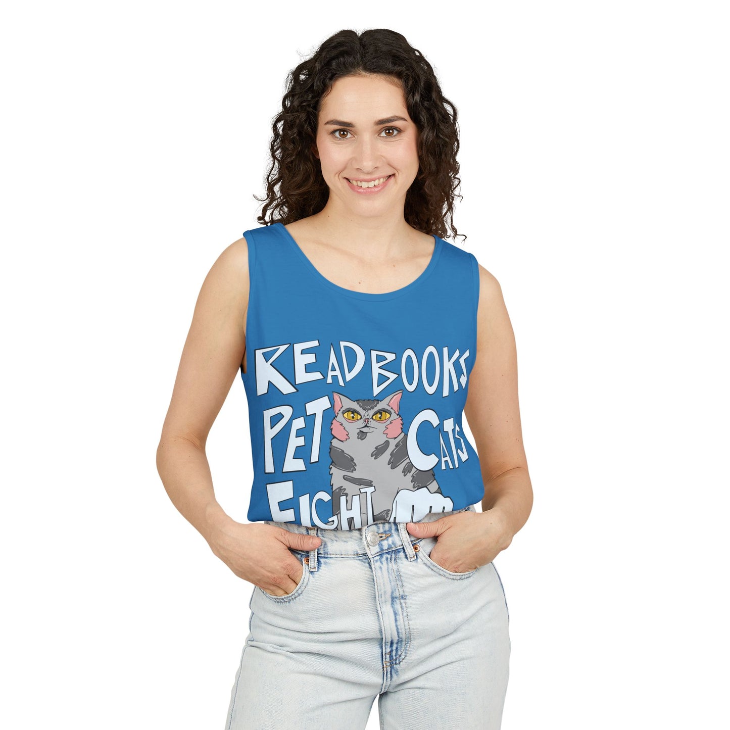 Read Books Pet Cats Fight Fascists Cat Art 2 -Unisex Garment-Dyed Tank Top