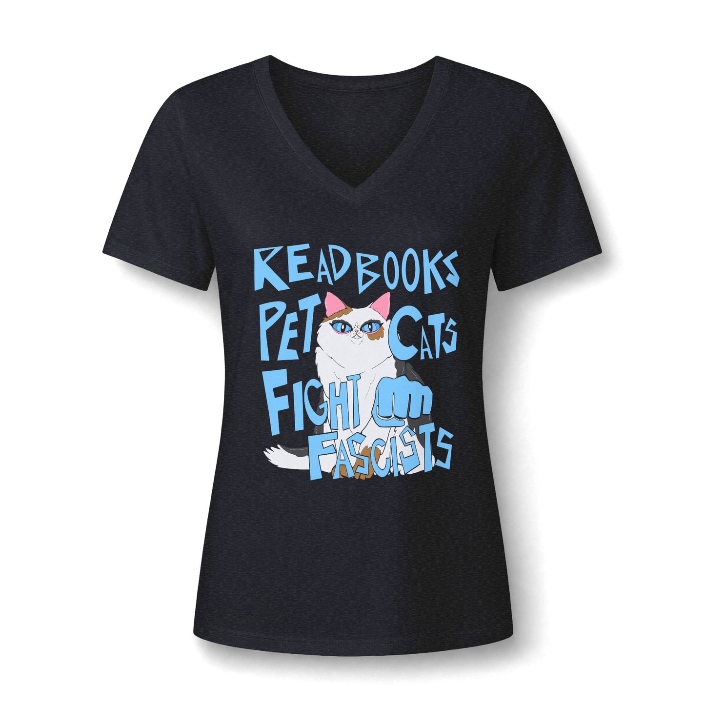 Read Books Pet Cats Fight Fascists Cat - Women's Relaxed Heather V-Neck Tee