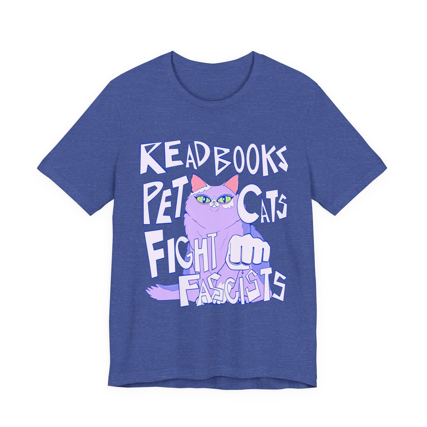 Read Books Pet Cats Fight Fascists Purple Cat Tee Unisex Jersey Short Sleeve Tee
