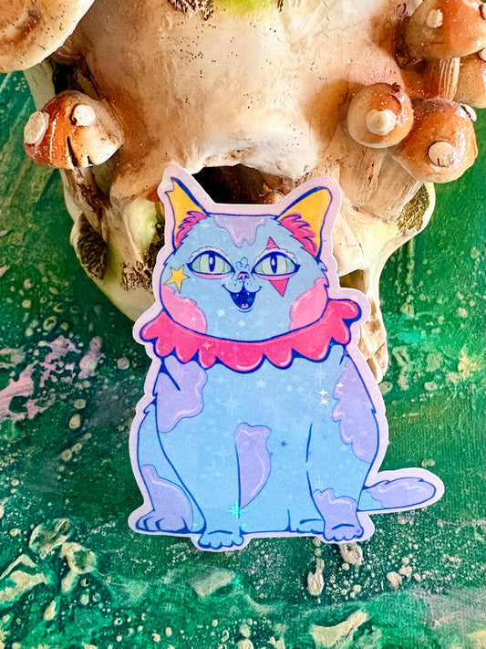 Hand Drawn Blue Cat Clown Sticker – Whimsical Animal Art, Holographic Laminate