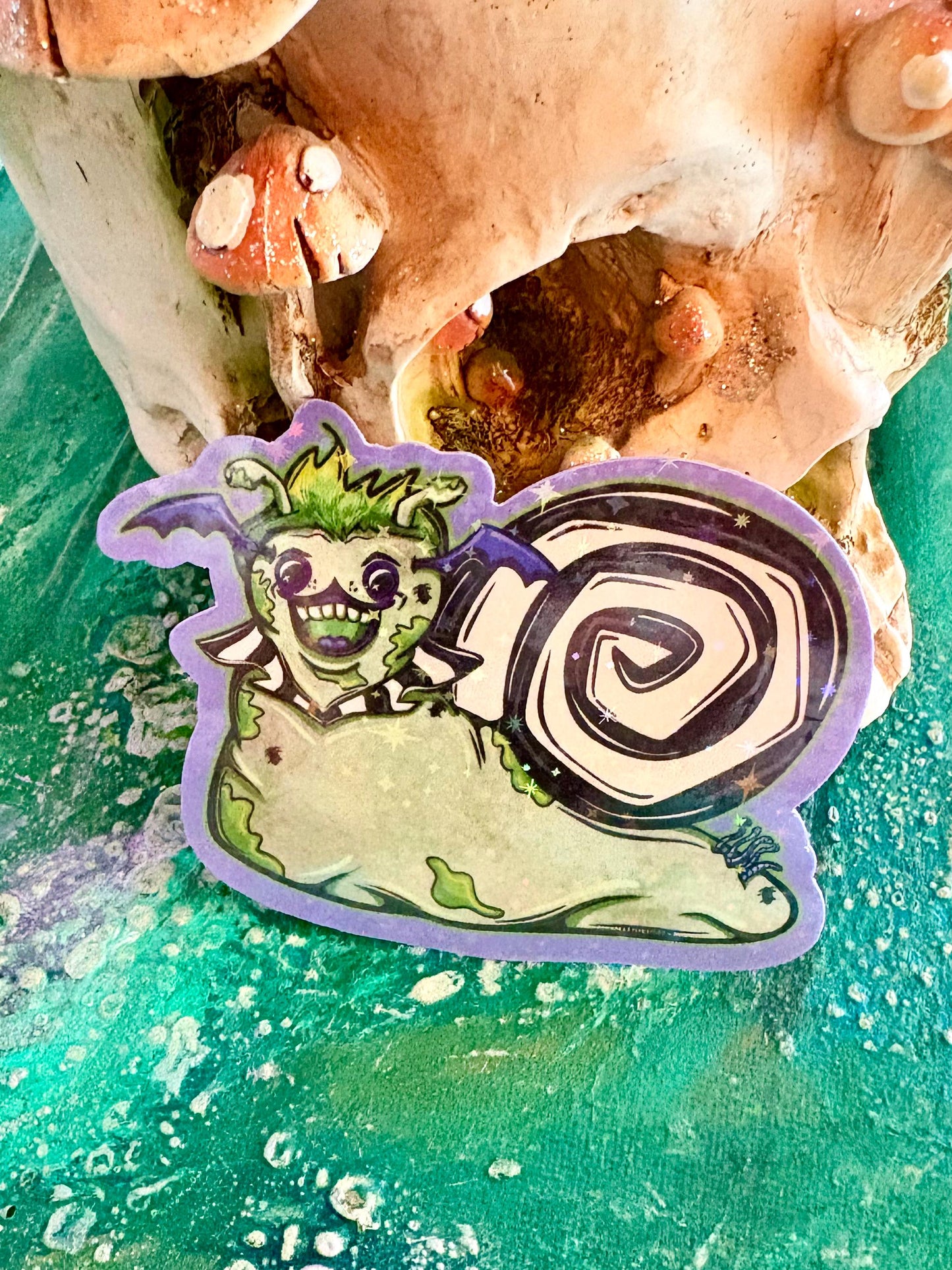 Sparkly Bug Juice Snail Sticker: Holographic Halloween Decal