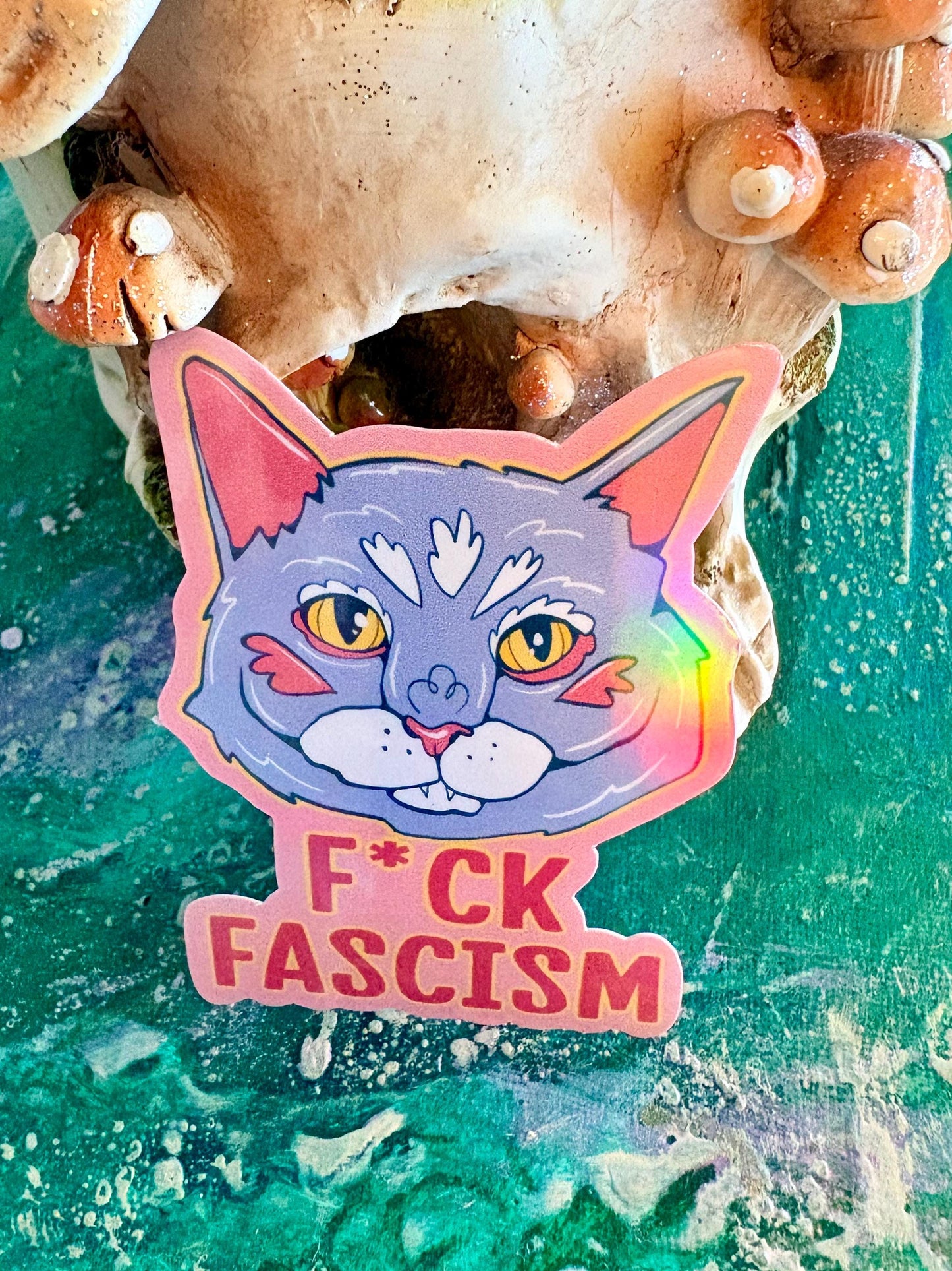 Hand Drawn Grey Cat  Sticker - Handmade F*ck Fascism Cat Sticker: Animal Art