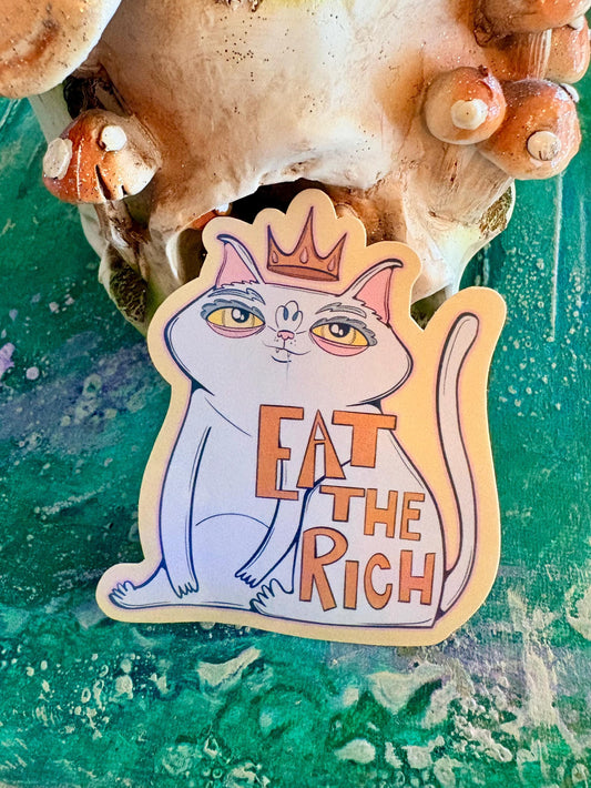 Handmade Eat the Rich Cat Sticker: Glossy Political Laptop Decal