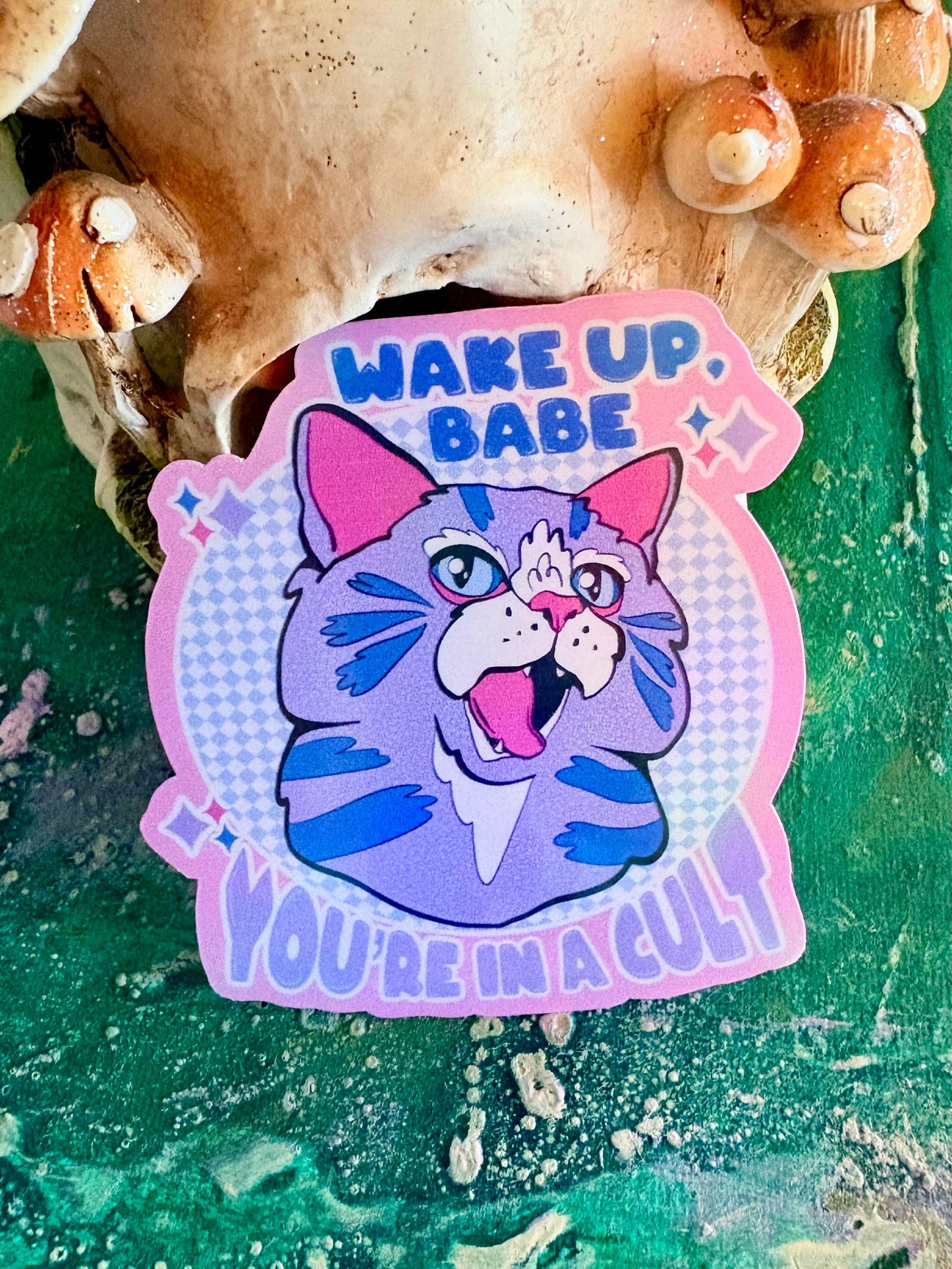 Hand Drawn Sketchy Purple Cat  Sticker - Handmade Wake Up You’re in a Cult Cat Sticker: Animal Art - Human Art - liberal sticker