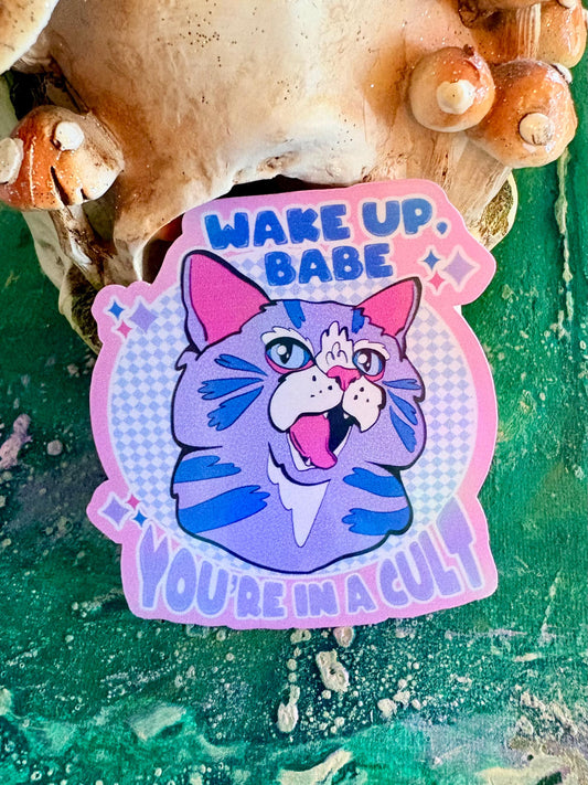 Hand Drawn Sketchy Purple Cat  Sticker - Handmade Wake Up You’re in a Cult Cat Sticker: Animal Art - Human Art - liberal sticker