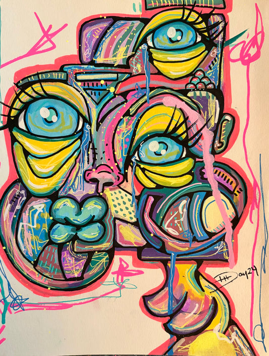 9x12 Mixed Media Abstract Cubism Art on Paper 002