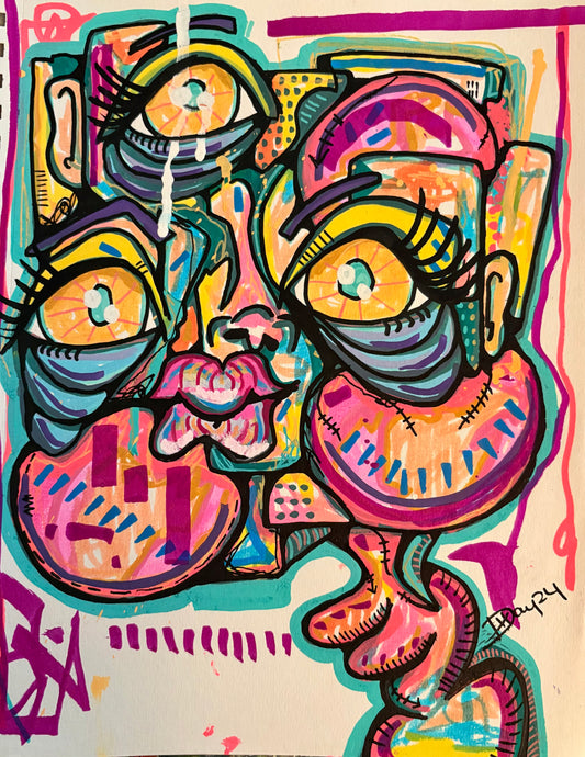 9x12 Mixed Media Abstract Cubism Art on Paper