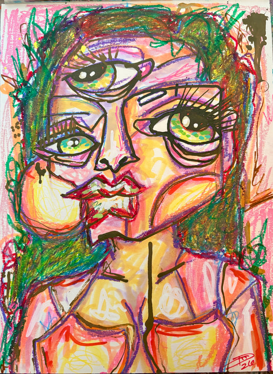 9x12 Mixed Media Abstract Cubism Art on Watercolor Paper  - Helena