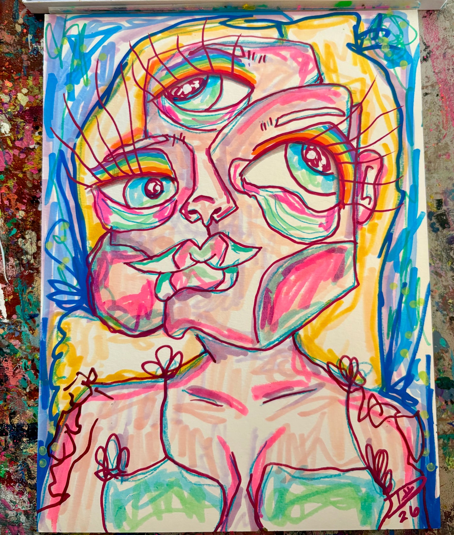 9x12 Mixed Media Abstract Cubism Art on Watercolor Paper  - Heather