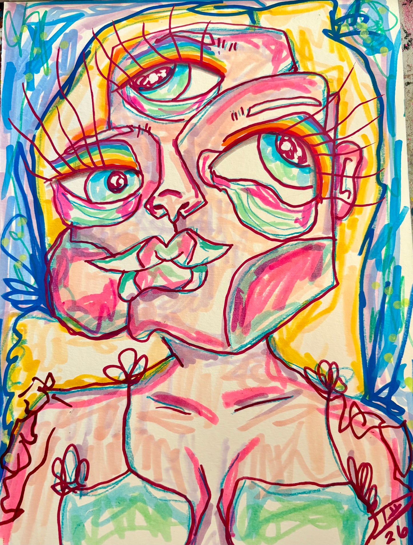 9x12 Mixed Media Abstract Cubism Art on Watercolor Paper  - Heather