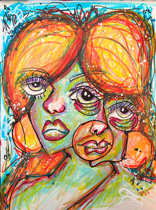 9x12 Mixed Media Abstract Cubism Art on Watercolor Paper  -  Izzy