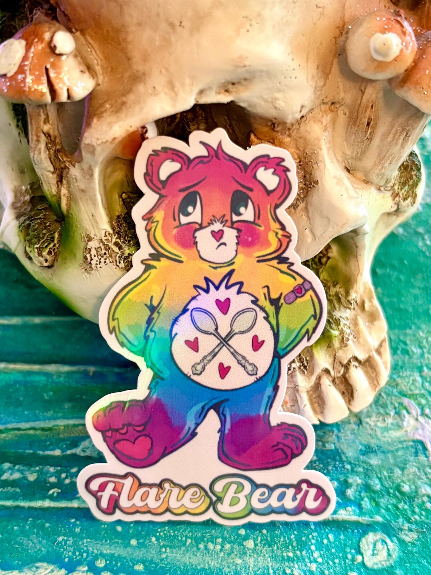 Rainbow Flare Bear Sticker | Holographic Vinyl, Spoonie Awareness