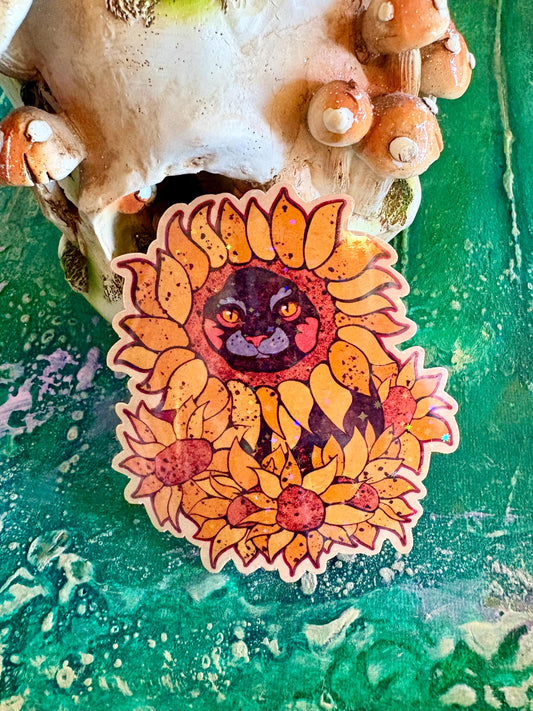 Handmade Sparkly Sunflower Cat Sticker: Hand Drawn Flower Cat Vinyl Decal