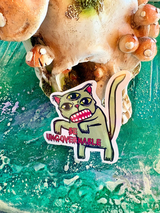 Hand Drawn Be Ungovernable Cat Sticker - Handmade Sticker (holographic)