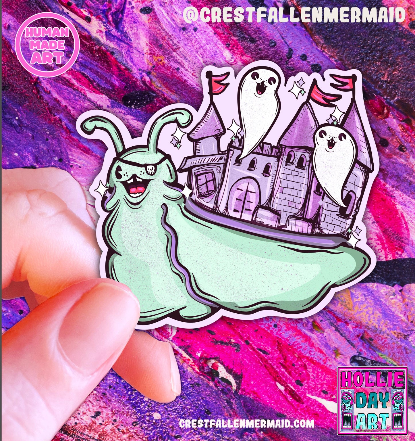 Handmade Sparkly Pirate Snail Sticker: Hand Drawn Holographic Spooky Halloween Ghost Sticker
