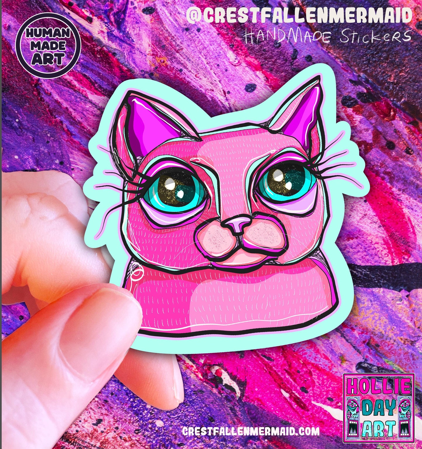 Hand Drawn Sketchy Pink Cat  Sticker - Handmade Cat Sticker: Animal Art