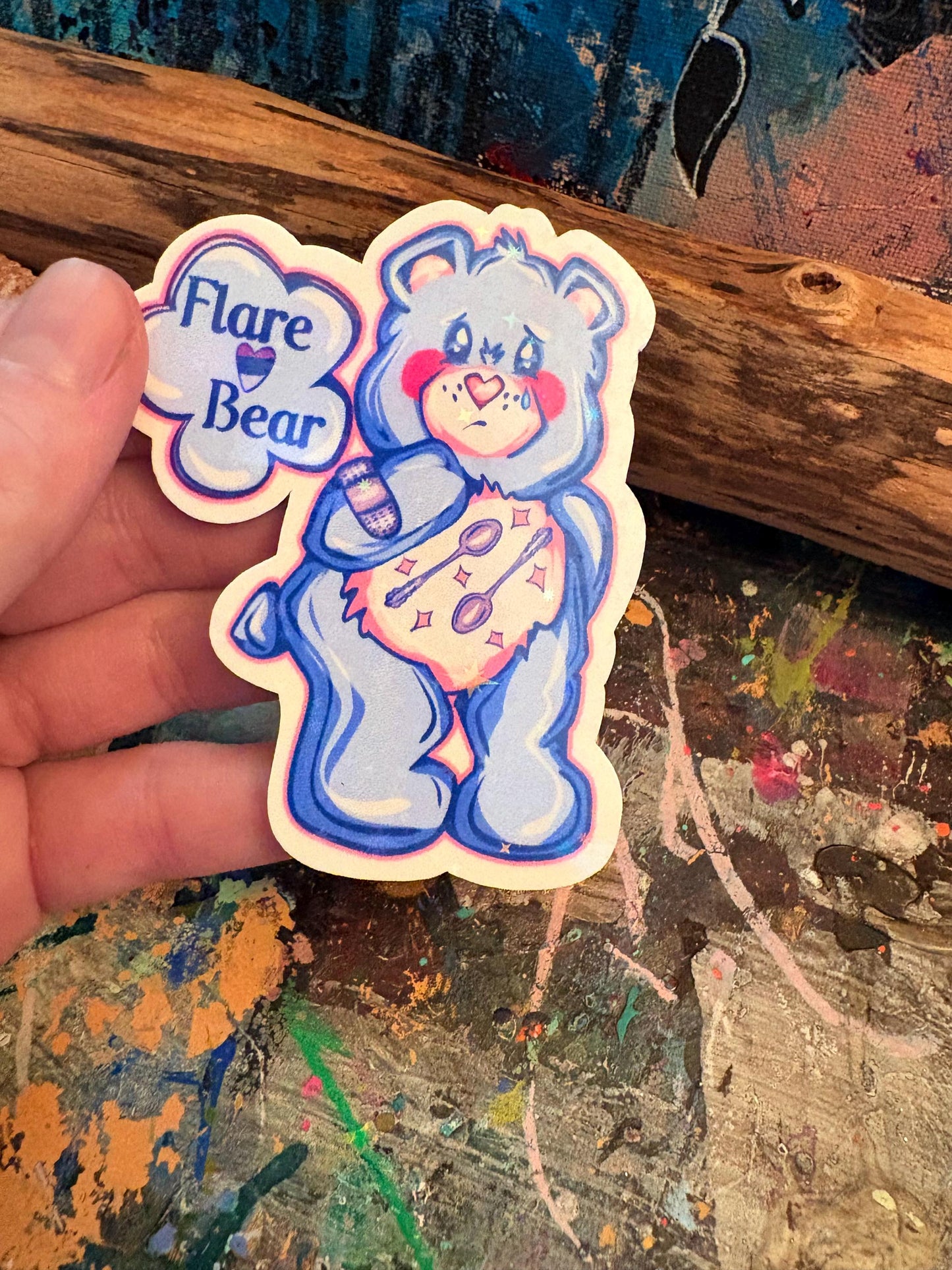 Hand Drawn Flare Bear Sticker Set: Holographic Chronic Illness Stickers - handmade stickers