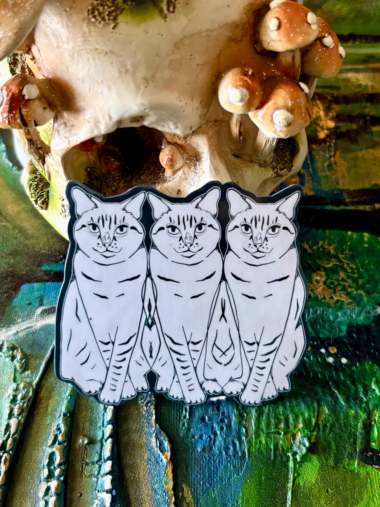 Handmade Glossy Cat Sticker: Hand Drawn Triple Cat Decal