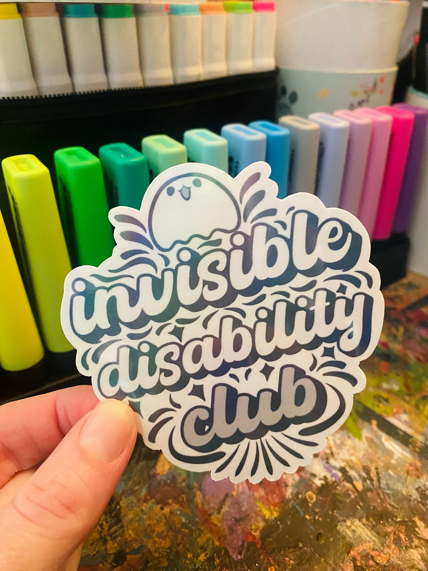 Hand Drawn Spooky Spoonie Holographic Sticker: Invisible Disability Club