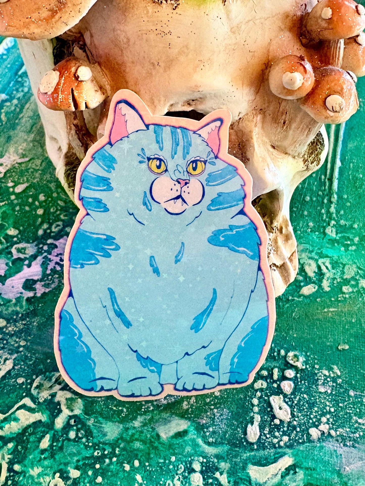 Hand Drawn Chonky Blue Cat Sticker – Whimsical Animal Art, Holographic Glittery Laminate