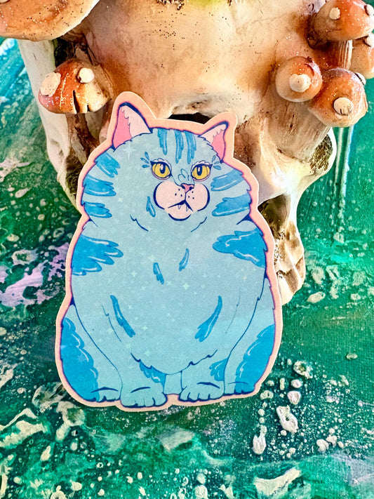 Hand Drawn Chonky Blue Cat Sticker – Whimsical Animal Art, Holographic Glittery Laminate
