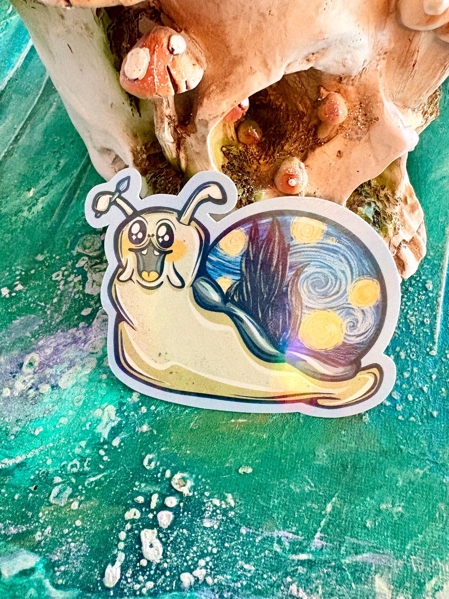 Handmade Starry Night Snail Sticker: Holographic Van Gogh Art