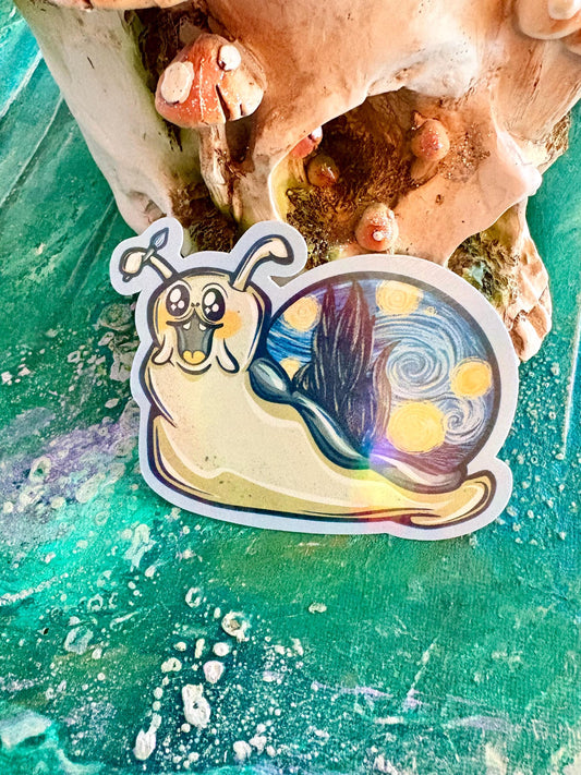 Handmade Starry Night Snail Sticker: Holographic Van Gogh Art