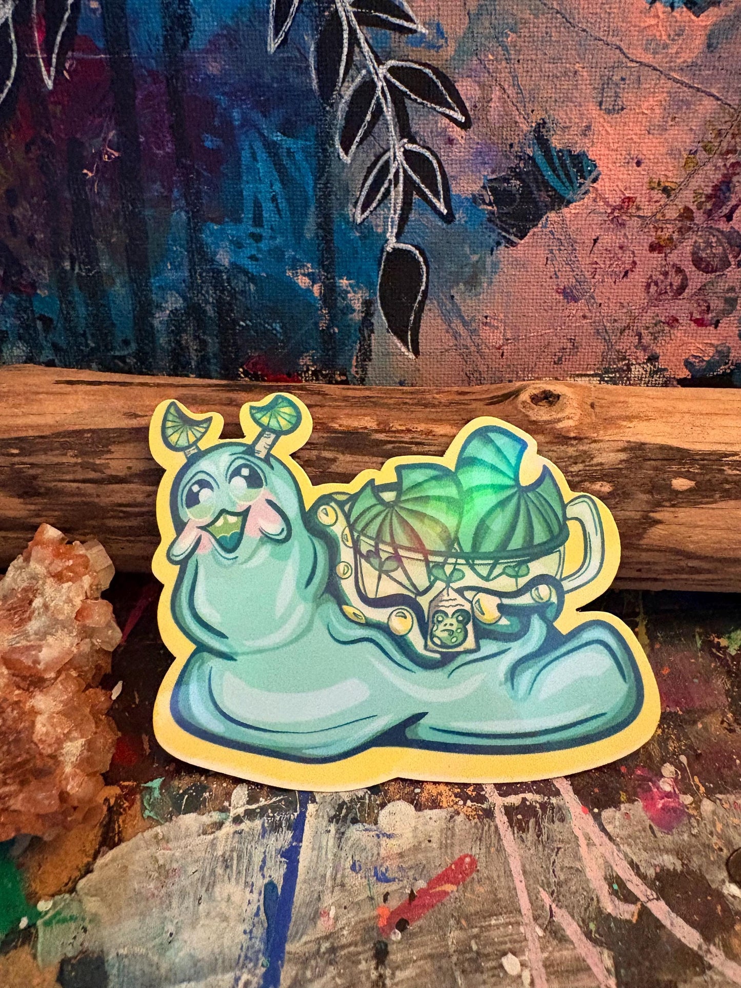 Whimsical Froggy Tea Snail Sticker: Holographic Vinyl - Hollie Day Art