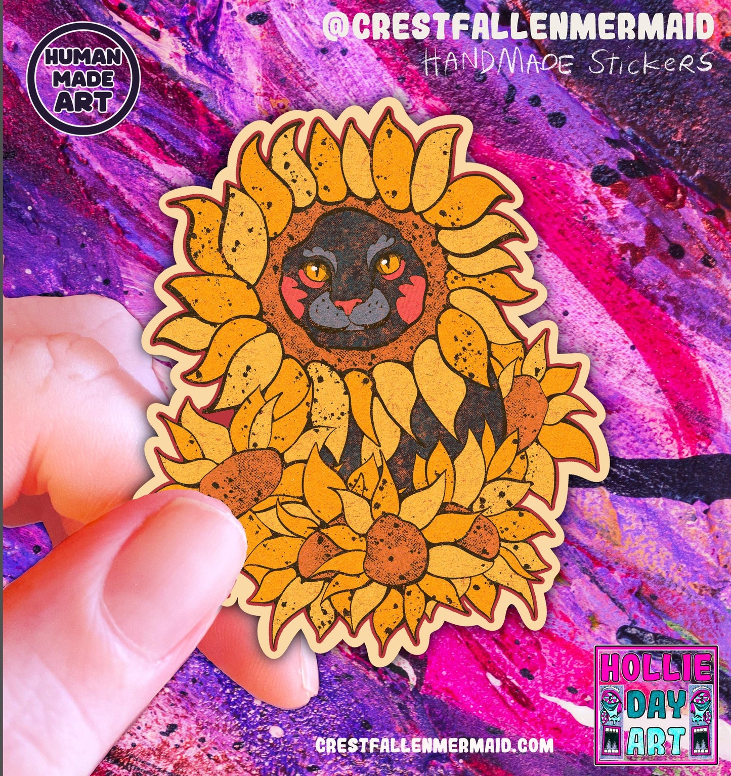 Handmade Sparkly Sunflower Cat Sticker: Hand Drawn Flower Cat Vinyl Decal