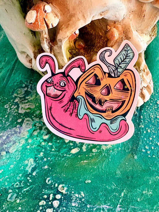 Hand Drawn Spooky Snail Sticker | Sparkly Halloween Sticker | Handmade Pumpkin Sticker | Holographic Laptop Decal