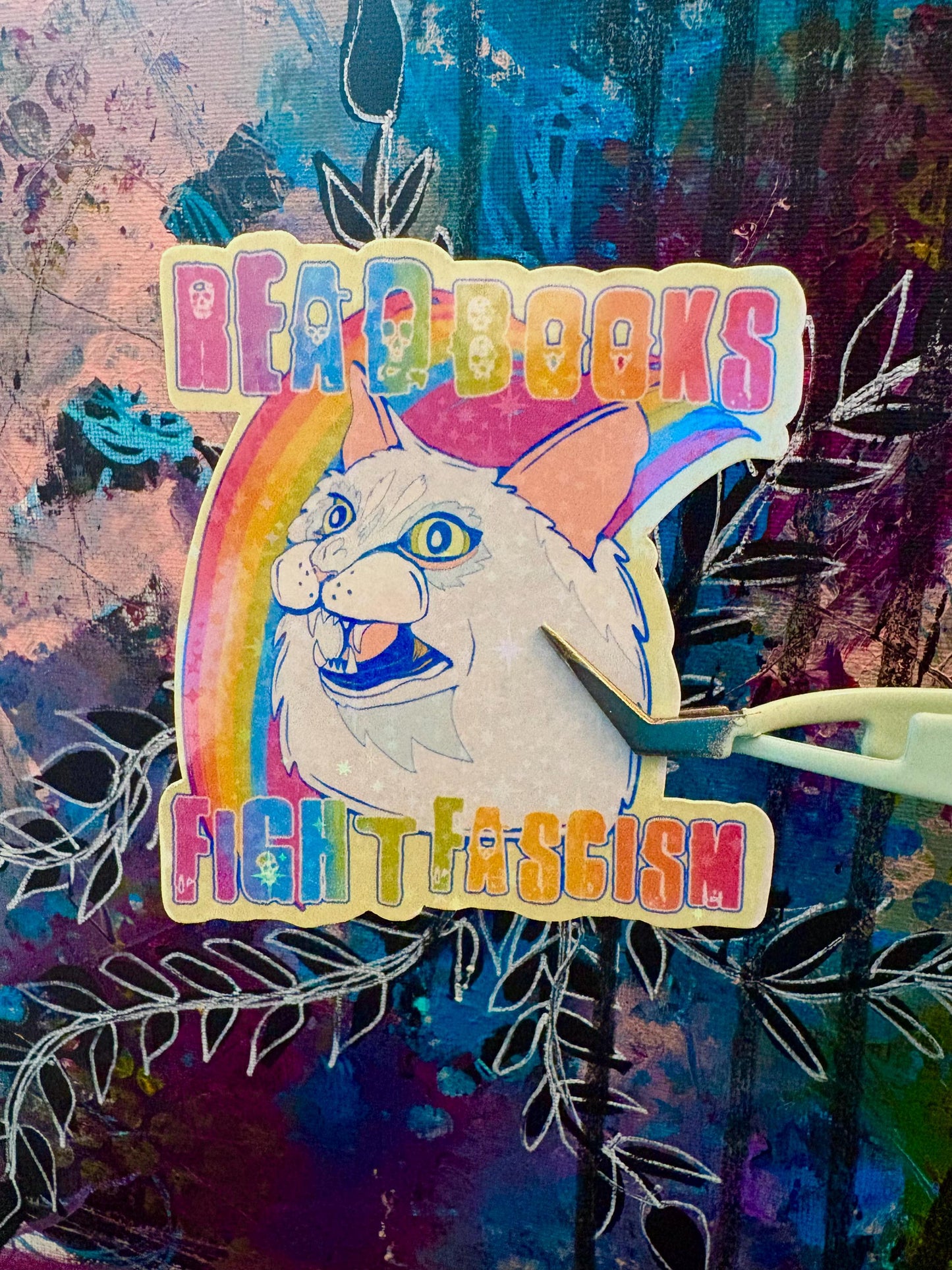 Handmade Sparkly Cat Sticker: Read Books, Fight Fascism
