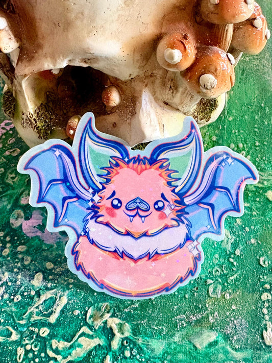 Hand Drawn Lisa Frankie Pink Bat Sticker: Handmade Sparkly Rainbow Halloween Sticker | Hollie Day Artist