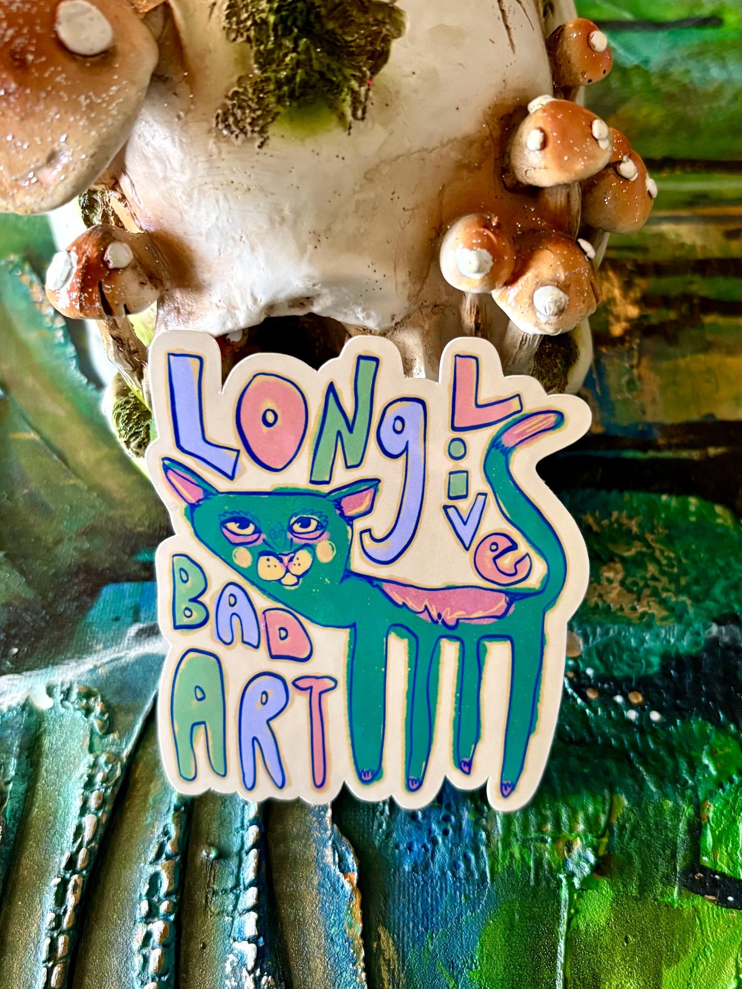 Handmade Holographic Whimsical Cat Sticker: Hand Drawn Long Live Bad Art Sticker