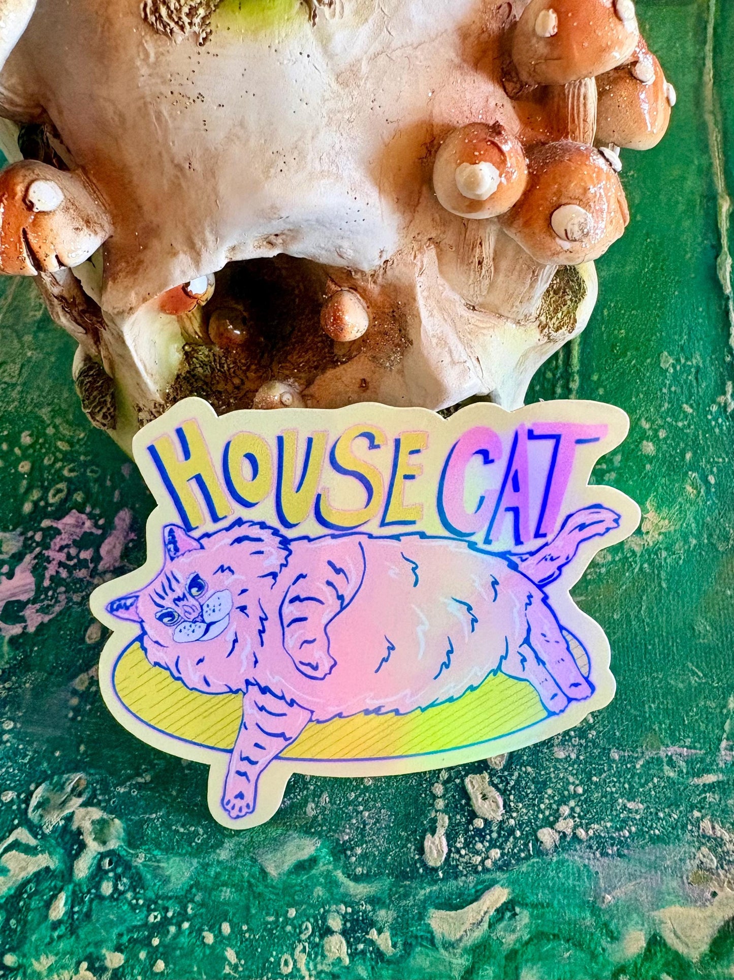 Handmade Whimsical House Cat Sticker: Hand Drawn Fluffy Cat Vinyl Decal