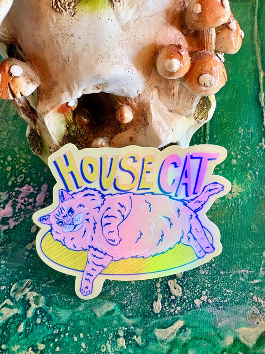 Handmade Whimsical House Cat Sticker: Hand Drawn Fluffy Cat Vinyl Decal