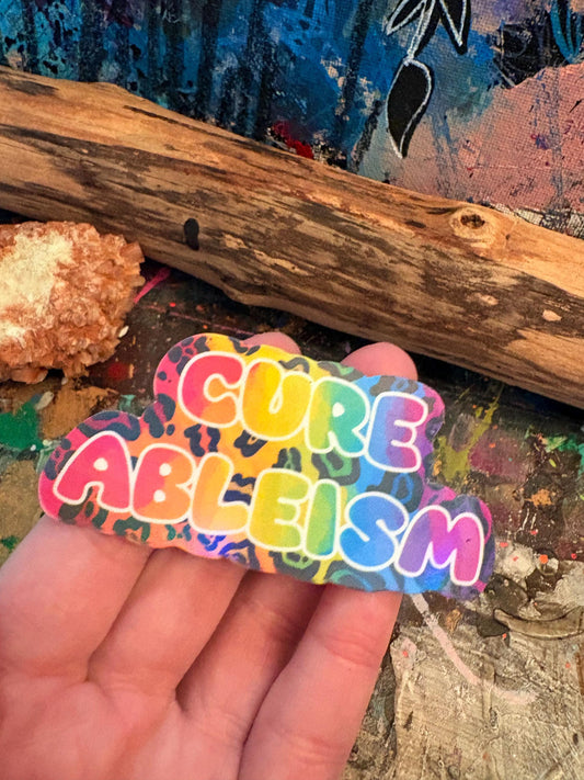 Cure Ableism Sticker: Rainbow Leopard Print, Neurodiversity Inclusion