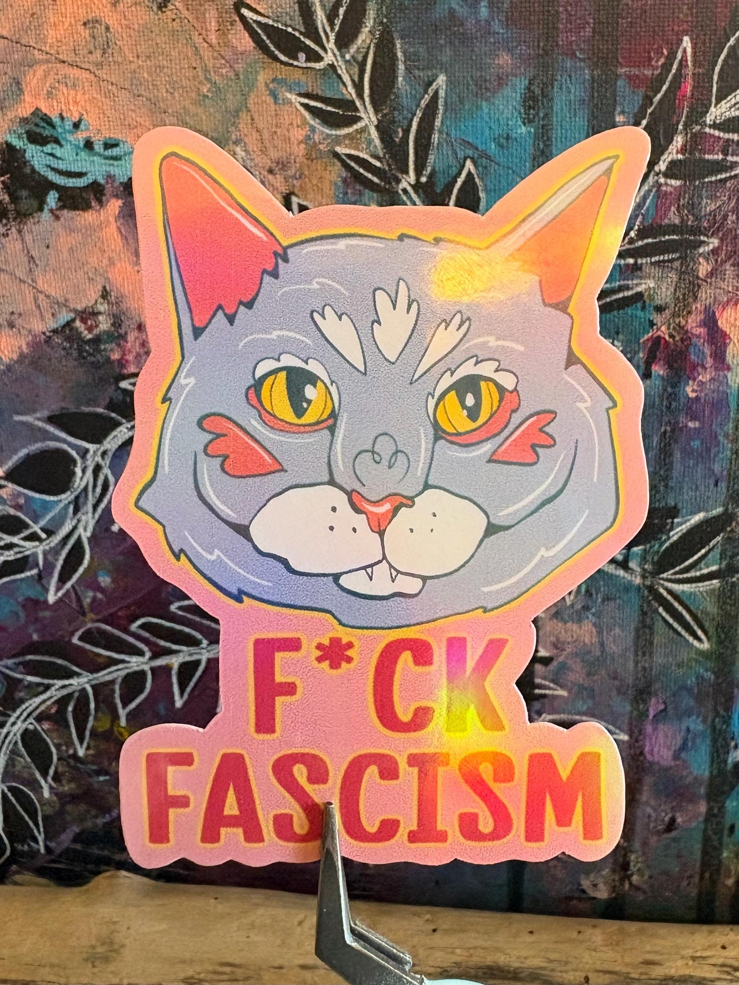 Hand Drawn Grey Cat  Sticker - Handmade F*ck Fascism Cat Sticker: Animal Art