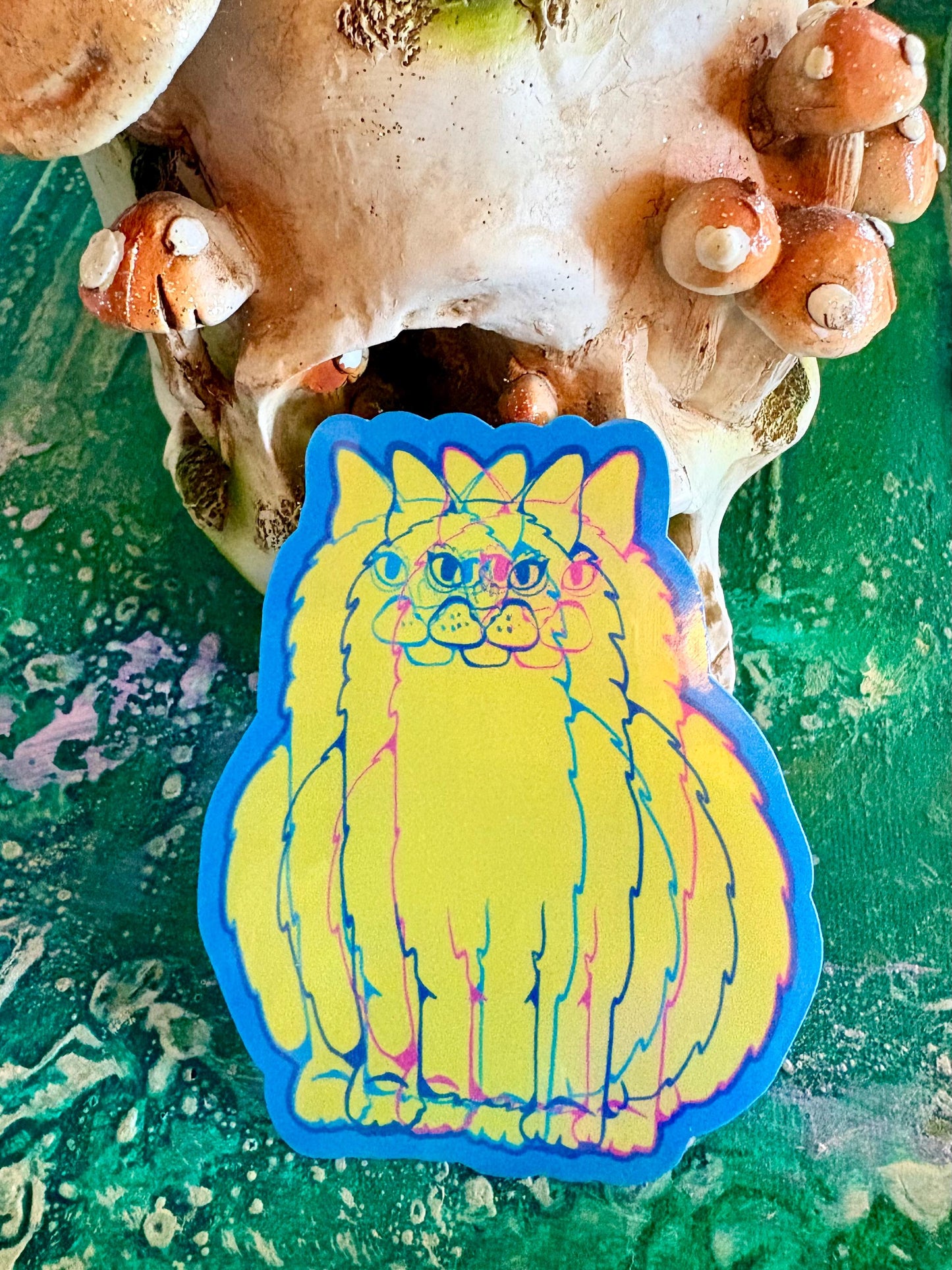 Hand Drawn Yellow Glitch Cat  Sticker - Handmade Cat Sticker: Animal Art