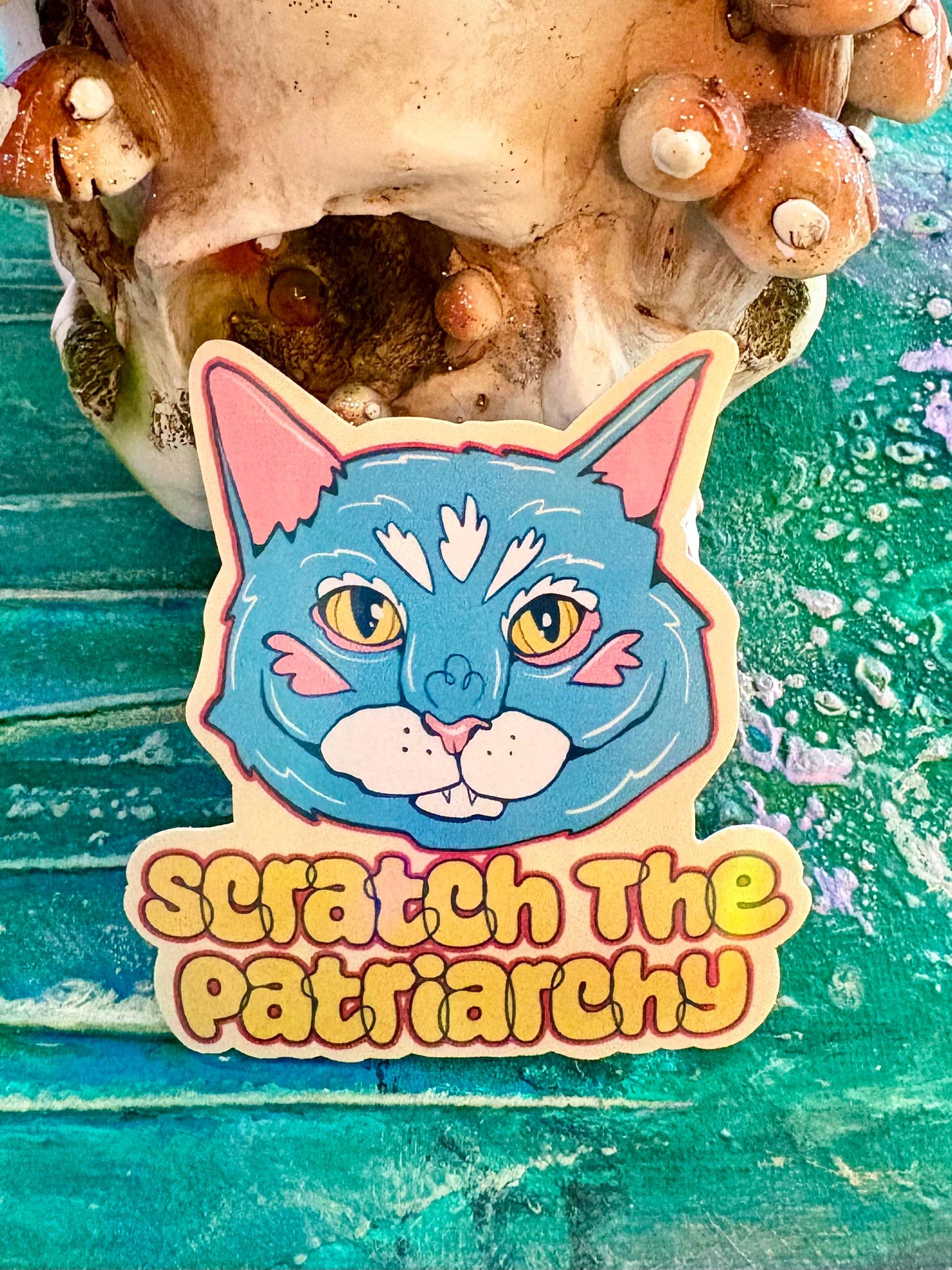 Hand Drawn Grey Cat Sticker - Scratch the Patriarchy Cat Sticker